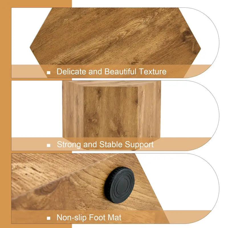 Table basse hexagonale texturée avec patins antidérapants, idéale pour les petits espaces de salon.