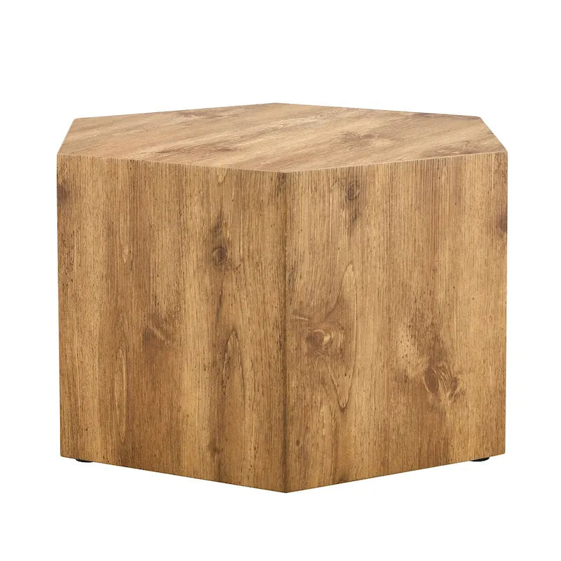 Table basse hexagonale texturée avec patins antidérapants, idéale pour les petits espaces de salon.