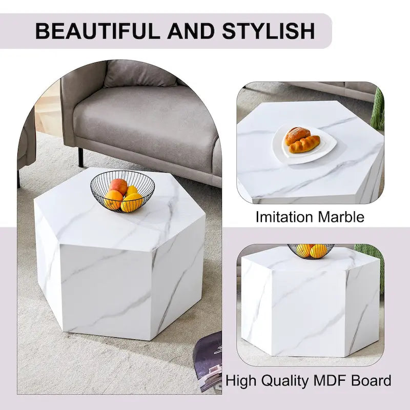 Table basse hexagonale texturée avec patins antidérapants, idéale pour les petits espaces de salon.