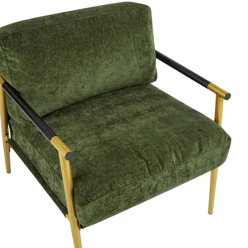 Fauteuil d'appoint moderne avec coussins moelleux, structure métallique minimaliste et accoudoirs en bois.