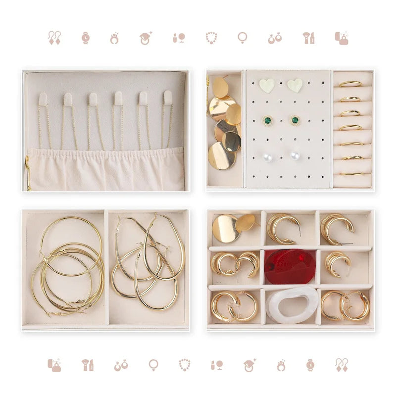 Boîte à bijoux à 3 niveaux pour femme, étui de rangement en cuir PU avec tiroir et plateau amovible.