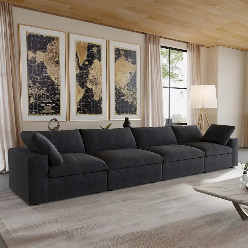 Canapé d'angle moderne en lin, 160,6 pouces, avec plusieurs coussins.