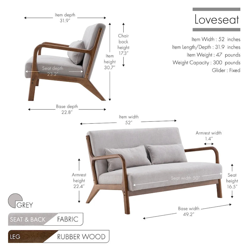 Canapé deux places Porthos Home Juno en tissu avec coussins et structure en bois d'hévéa