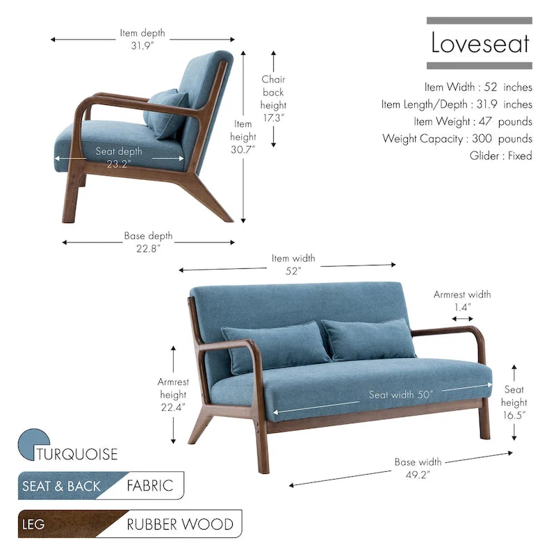 Canapé deux places Porthos Home Juno en tissu avec coussins et structure en bois d'hévéa