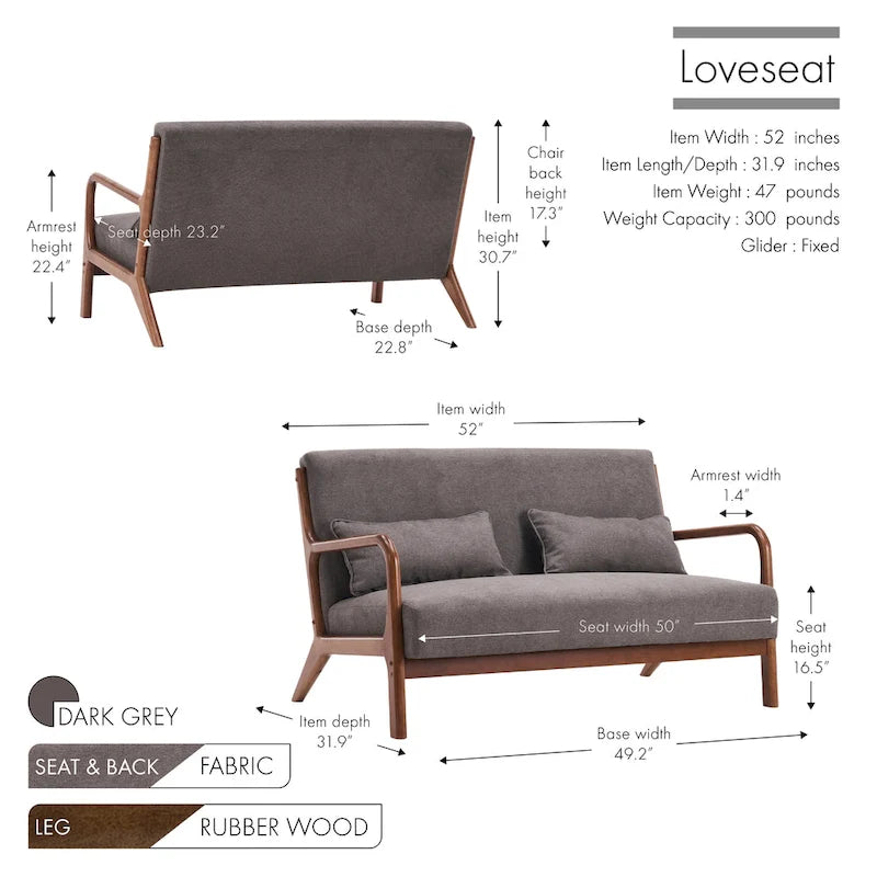 Canapé deux places Porthos Home Juno en tissu avec coussins et structure en bois d'hévéa