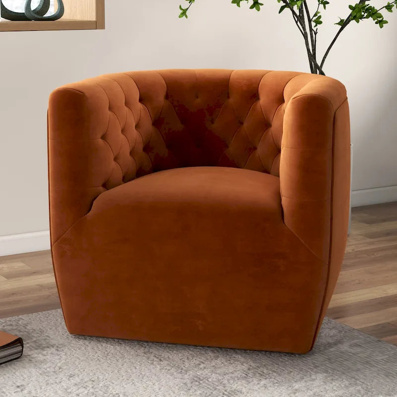 Fauteuil pivotant Luxor Mid-Century Modern en velours orange brûlé confortable