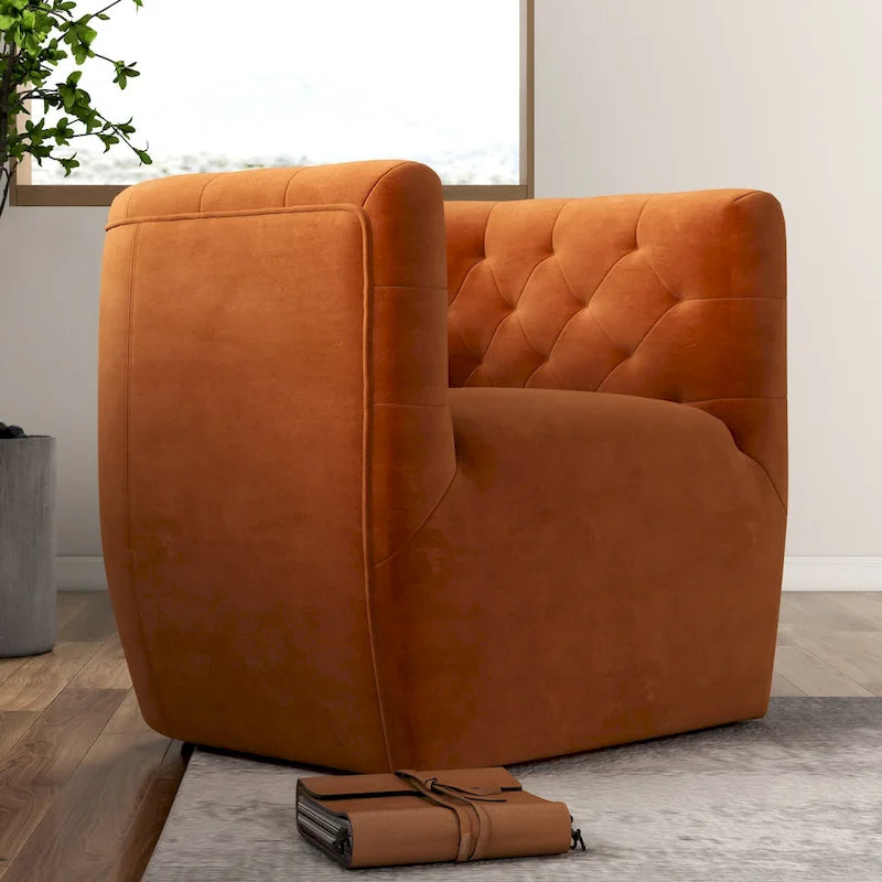 Fauteuil pivotant Luxor Mid-Century Modern en velours orange brûlé confortable