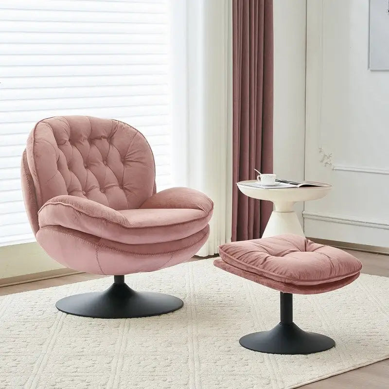 Fauteuil pivotant en velours avec repose-pieds, ensemble fauteuil de lecture rond, pivotant à 360°, structure en métal