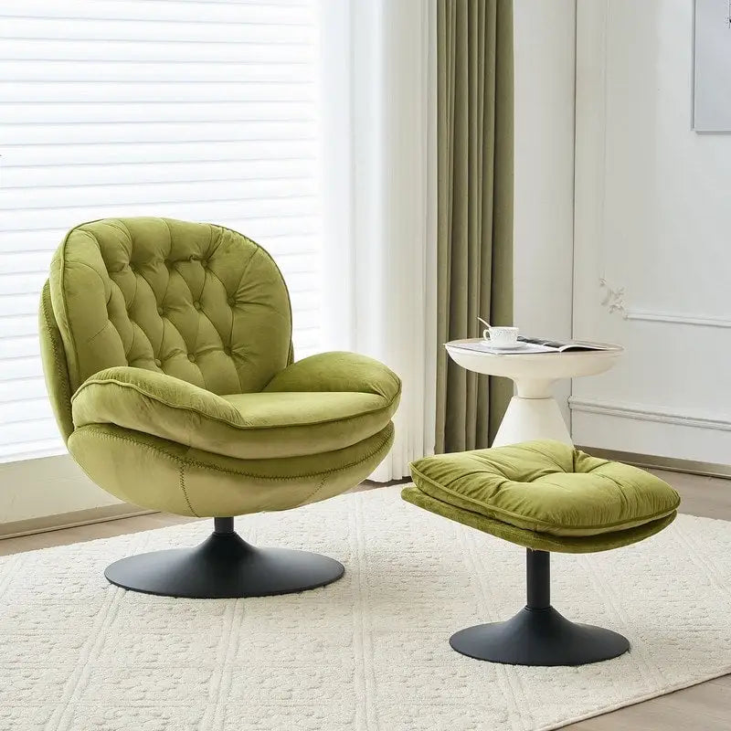 Fauteuil pivotant en velours avec repose-pieds, ensemble fauteuil de lecture rond, pivotant à 360°, structure en métal