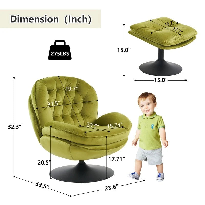 Fauteuil pivotant en velours avec repose-pieds, ensemble fauteuil de lecture rond, pivotant à 360°, structure en métal