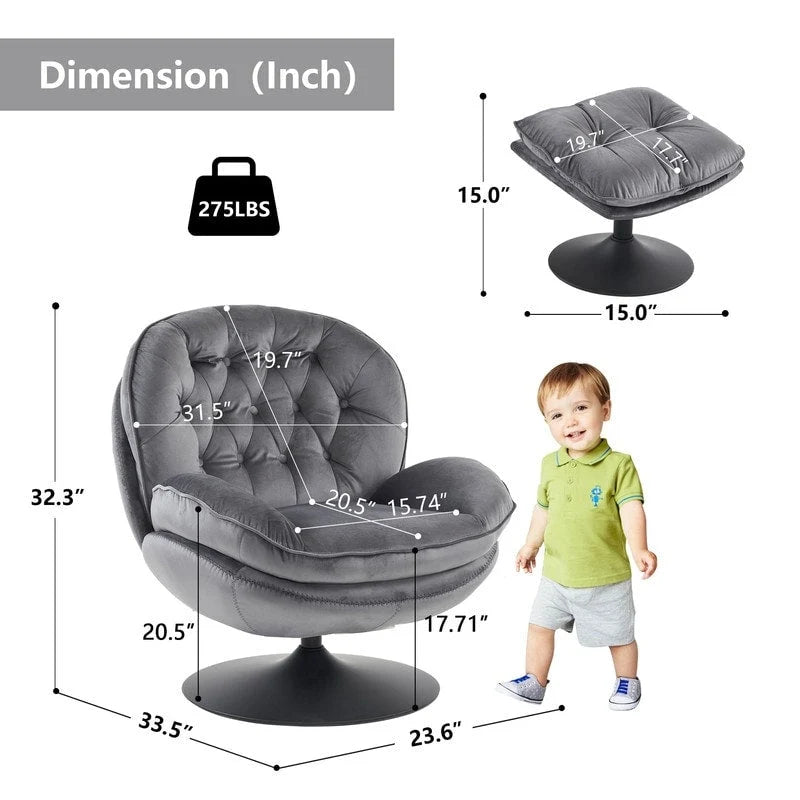Fauteuil pivotant en velours avec repose-pieds, ensemble fauteuil de lecture rond, pivotant à 360°, structure en métal