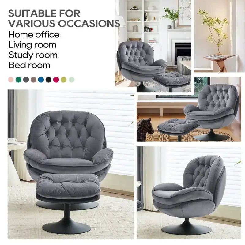 Fauteuil pivotant en velours avec repose-pieds, ensemble fauteuil de lecture rond, pivotant à 360°, structure en métal