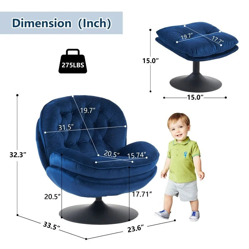 Fauteuil pivotant en velours avec repose-pieds, ensemble fauteuil de lecture rond, pivotant à 360°, structure en métal