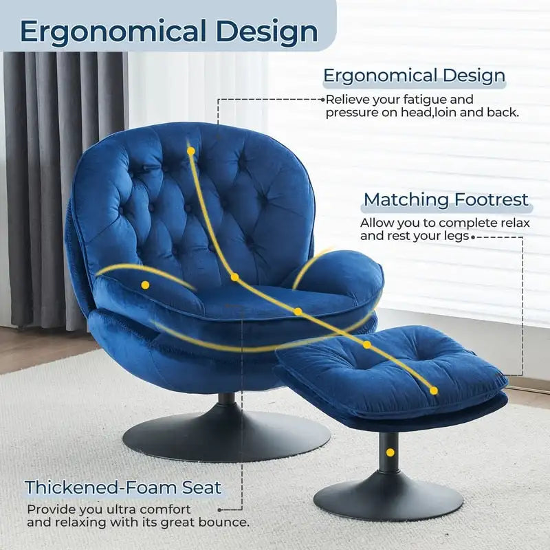 Fauteuil pivotant en velours avec repose-pieds, ensemble fauteuil de lecture rond, pivotant à 360°, structure en métal