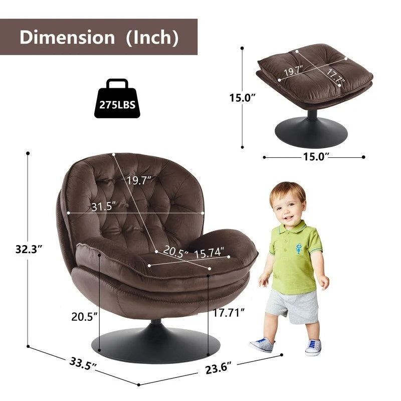 Fauteuil pivotant en velours avec repose-pieds, ensemble fauteuil de lecture rond, pivotant à 360°, structure en métal