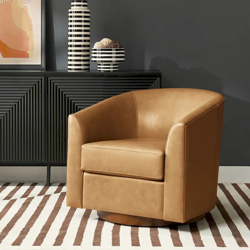 Fauteuil pivotant Althea moderne en cuir véritable avec base en bois massif par HULALA HOME