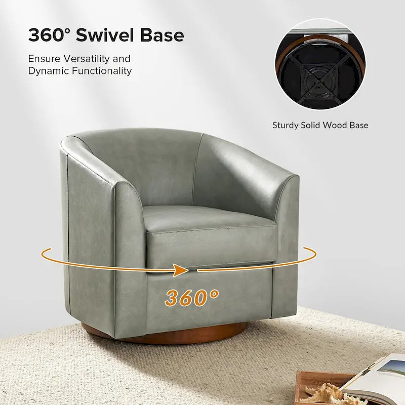 Fauteuil pivotant Althea moderne en cuir véritable avec base en bois massif par HULALA HOME