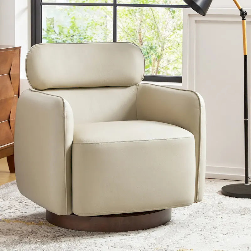 Fauteuil pivotant moderne Raphael en cuir véritable, style tonneau