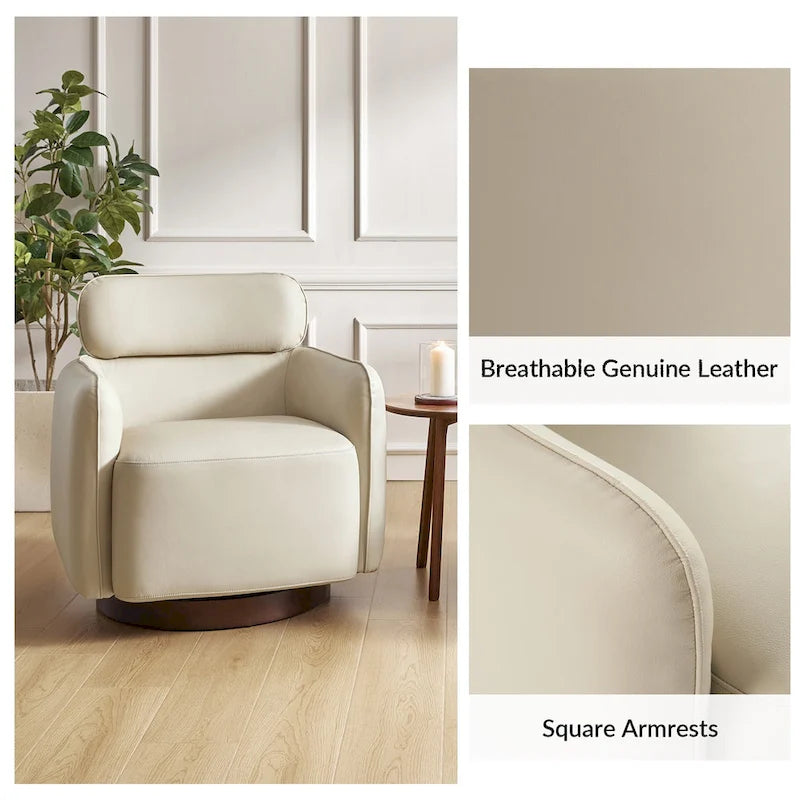 Fauteuil pivotant moderne Raphael en cuir véritable, style tonneau